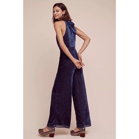 Anthropologie ELEVENSES Velvet Nova Jumpsuit Mock Neck Textured Blue Size 6 - Picture 8 of 16